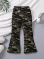 SHEIN Kids FANZEY Little Girls' Elastic Waist Camo Print Bell Bottom Pants