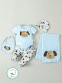 SHEIN Baby Boy 5pcs/Set Romper, Stripe Pants, Hat, Bib, Swaddle Blanket Gift Set