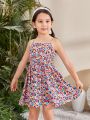 SHEIN Young Girl Woven Floral Print Spaghetti Strap Fit & Flare Dress