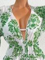 SHEIN Swim BohoFeel Women'S Tropical Printed Cover Up Jumpsuit With Drawstring Hem