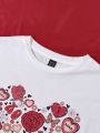 Women Love Heart Print Valentine's Day Short Sleeve T-Shirt, Mommy And Me Matching Outfits (2 Pieces Sold Separately)