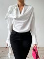 SHEIN Privé Women'S Party Ruffle Cowl Collar White Shirt With Unique Design