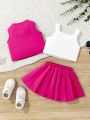 SHEIN Baby Girls' Leisure Solid Color Vest + Pleated Skirt + Car & Letter Print Tank Top 3pcs Outfits