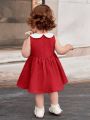 SHEIN Baby Girls' Casual Style Doll Collar Colorblock Waist Drawstring Pleated Dress