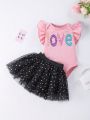 Baby Girls' Love Pattern Flying Sleeve Bodysuit With Half Tulle Skirt Set