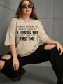 Plus Size Loose Fit Short Sleeve T-shirt With Slogan Print And Drop Shoulder Design