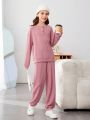 SHEIN Kids EVRYDAY Tween Girls' Solid Color Knitted Half-zip Loose Casual Top And Loose Knit Casual Pants Two Piece Set