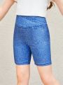 SHEIN Kids EVRYDAY Little Girls' Knitted Denim-like Casual Shorts With Stretchy Fabric