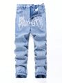 SHEIN Teen Boys' Casual Mid-Rise Slim Fit Printed Jeans With Elastic Waist