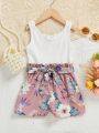 SHEIN Kids SUNSHNE Young Girl Solid Color Top & Floral Pattern Patchwork Romper