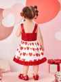 Baby Girls' Heart Print Dress With Bow Decoration