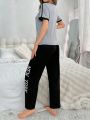 Letter Print Short Sleeve T-Shirt And Long Pants Pajamas Set