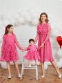 SHEIN Baby Girl 1pc Mom And Me Cute And Sweet Rose Red Stitching Three-Dimensional Flower Mesh Long-Sleeved Dress