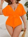 Plus Solid Belted One Piece Swimsuit With Short Sleeve