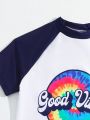 Tween Boys' Color Block Letter & Tie Dye Pattern Insert Short Sleeve Top And Shorts Swimsuit Set