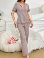 Notch V-Neck Top & Long Pants Home Wear Set With Ruffle Hem