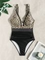 Leopard Print Mesh Splice One-Piece Swimsuit