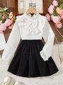 SHEIN Kids FANZEY Tween Girls' Bowknot Neckline Blouse With Ruffled Hem And Skirt Set