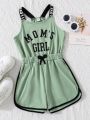 SHEIN Kids Cooltwn Letter Print Contrast Binding Knot Front Cami Romper
