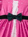 Young Girl Striped & Polka Dot Print Ruffle Trim Bow Front Dress