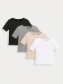 SHEIN Baby Girls' 4pcs Casual Solid Knit Short Sleeve Top Set