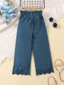 SHEIN Kids Nujoom Little Girls' Solid Color Hollow Out Embroidery Patchwork Hem Pants