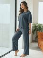 Drop Shoulder Rib-knit Drawstring Waist Lounge Set