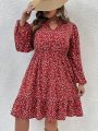 SHEIN VCAY Plus Size Long Sleeve Dress With Small Floral Print And Notched Neckline