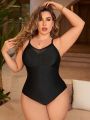 SHEIN Swim Basics Plus Size Women'S Splicing Mesh One-Piece Swimsuit