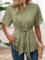 Ladies' Solid Color Hollow Out Collar Tie-Front Shirt