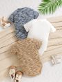 Baby Boy 3pcs Basic Short Sleeve Bodysuit With Buttoned Half Placket, Soft And Breathable For Newborn Unisex