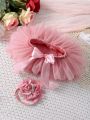 Baby Girls' Mesh Tutu Skirt And Rose Flower Headband Set, Perfect For Newborn Photography