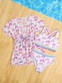 Young Girls' 3pcs/Set Rainbow Printed Vest & Striped Detail Bikini Swimsuit Set