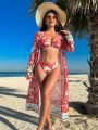 SHEIN Swim BohoFeel Floral Print Bikini Swimsuit Set With Circle Decoration + Long Sleeve Kimono