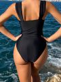 SHEIN Swim Chicsea One Piece Stripes & Printed Swimsuit With Bust Detail