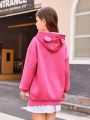 SHEIN Kids EVRYDAY Tween Girls' Knitted Loose Fit Hoodie With Bear Print