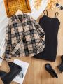 SHEIN Kids Cooltwn Tween Girls Casual Street Style Plaid Shirt With Knit Cami Dress