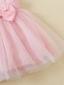 Baby Jacquard Ruffle Sleeve Bow Mesh Hem Dress & Headband