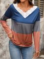 Lace Decorated V-Neck Color Block Long-Sleeved T-Shirt