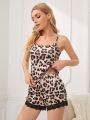 Women's Leopard Print Lace Patchwork Cami Sleepwear Set