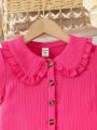2pcs/Set Girls' Casual Puff Sleeve Short Sleeve Top With Ruffle Collar And Ruffle Hem Pants In Pink Color, Suitable For Summer Vacation