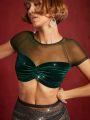 LOVING U Mesh Ruched Front Crop Velvet Top