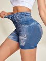 Daily&Casual Women'S Seamless High Stretchy Sports Shorts With Denim Pattern