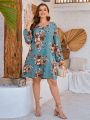 EMERY ROSE Women'S Plus Size Lantern Sleeve Floral Print Dress
