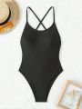 SHEIN Swim BAE Women's Solid Color Backless One-Piece Swimsuit