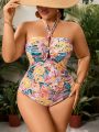 SHEIN Swim Vcay Plus Size Women'S Tropical Plant Printed Halter One-Piece Swimsuit