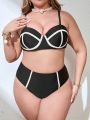 SHEIN Swim Chicsea Plus Size Colorblock Edge Trim Bikini Set And Mesh Beach Skirt Swimsuit