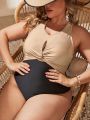 SHEIN Swim Chicsea Plus Size Metallic Finish One-Piece Swimsuit With Drawstring