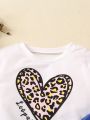 Little Girls' Heart Leopard Print Crewneck Sweatshirt And Printed Pants Set, Simple And Comfortable, Autumn And Winter