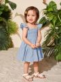 SHEIN Baby Girl's Elegant Solid Colored Sleeveless Dress With Ruffled Hem And Decorative Border